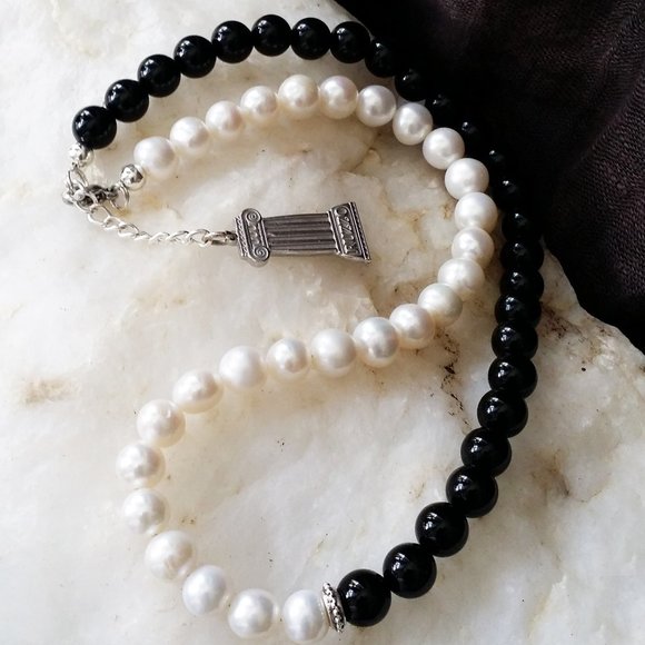 Natural Classic Freshwater Pearl Yin Yang Necklace Genuine Black Onyx - Picture 3 of 6